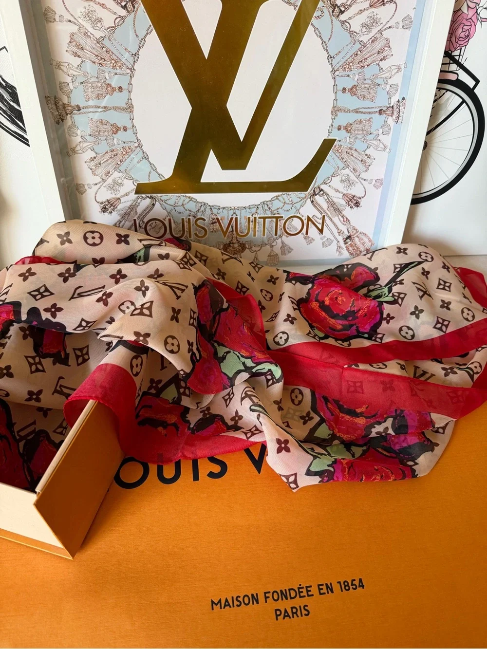 Louis Vuitton Silk Monogram Scarf Roses